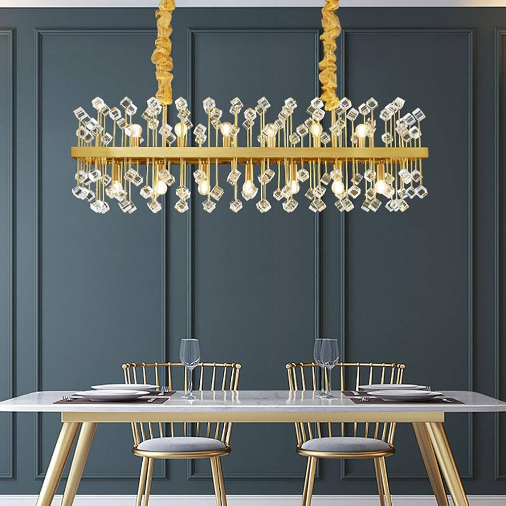 Lustre Rectangulaire Contemporain en Cristal et Laiton Doré – Élégance Majestueuse