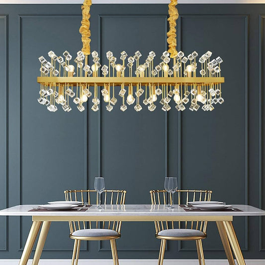Lustre Rectangulaire Contemporain en Cristal et Laiton Doré – Élégance Majestueuse