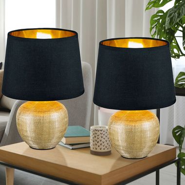 Lampe de table design – Base dorée martelée & abat-jour noi
