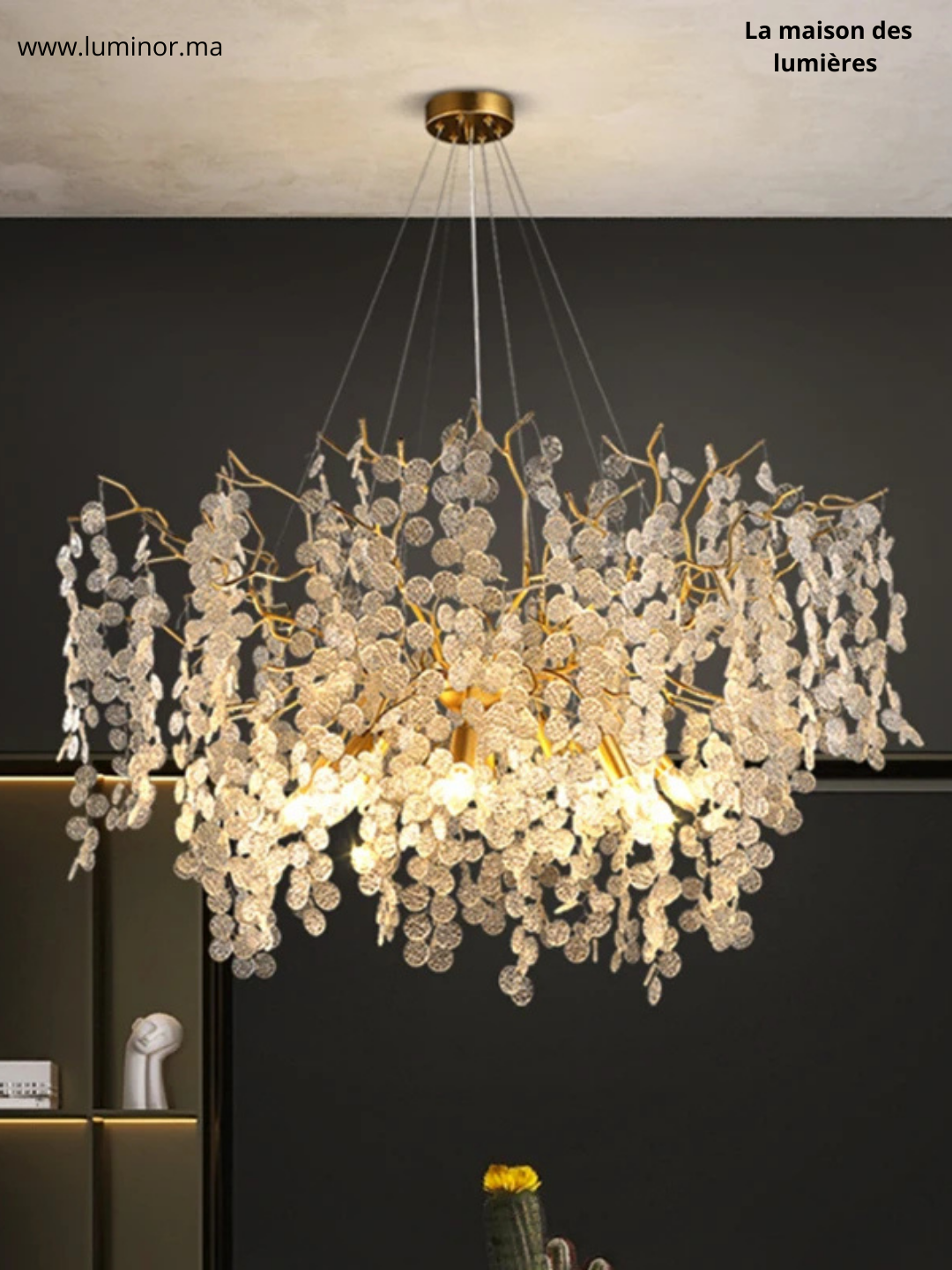 Lustre Feuillage Cristal & Doré – Élégance Naturelle