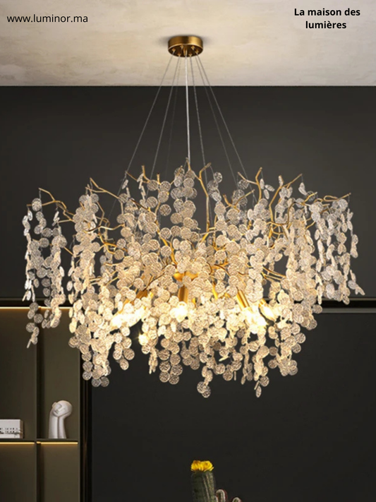 Lustre Feuillage Cristal & Doré – Élégance Naturelle