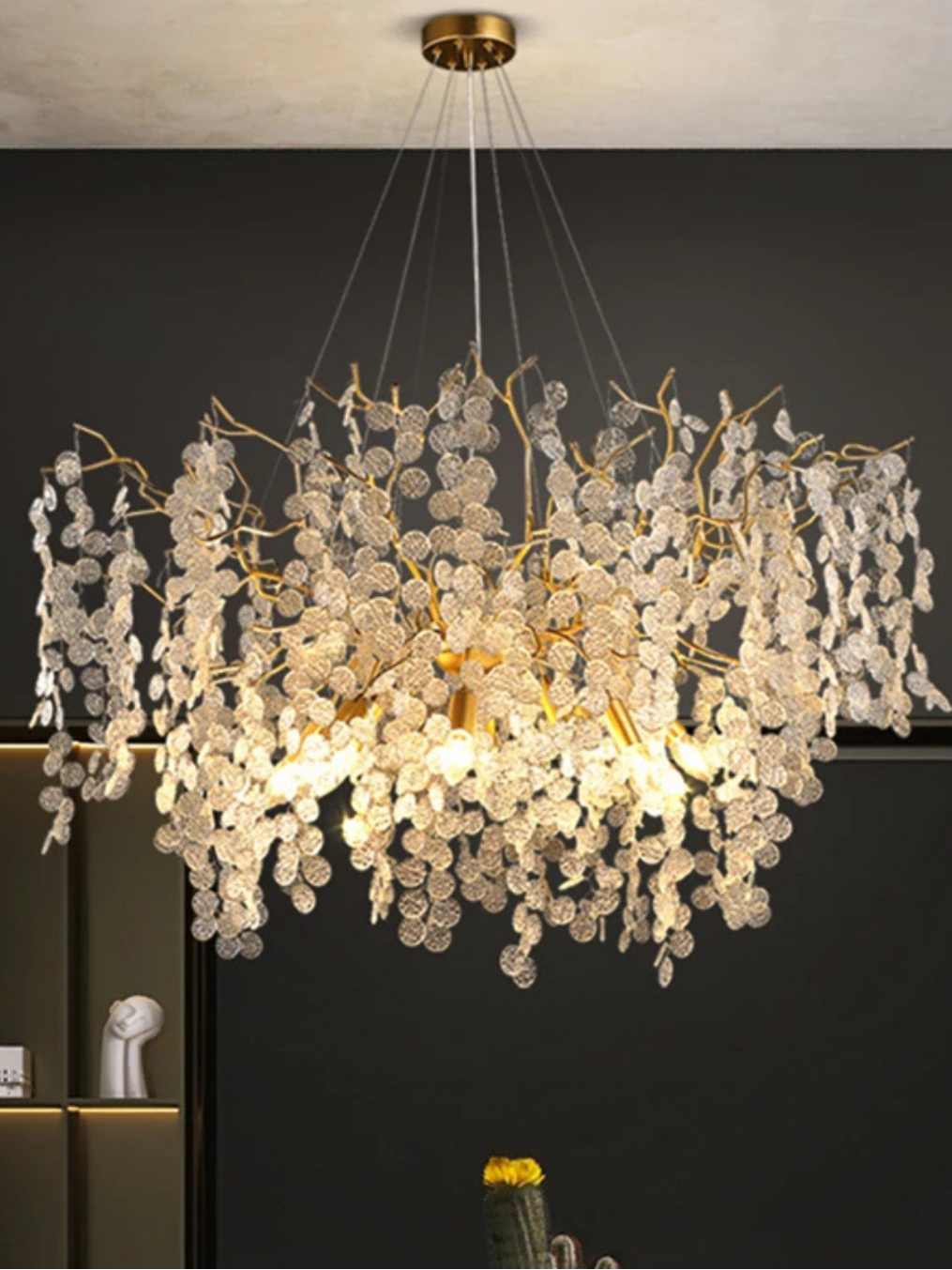 Lustre Feuillage Cristal & Doré – Élégance Naturelle