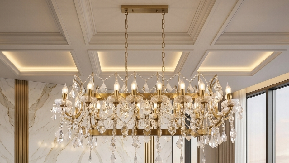 Lustre Rectangulaire en Cristal de Luxe – Finition Doré