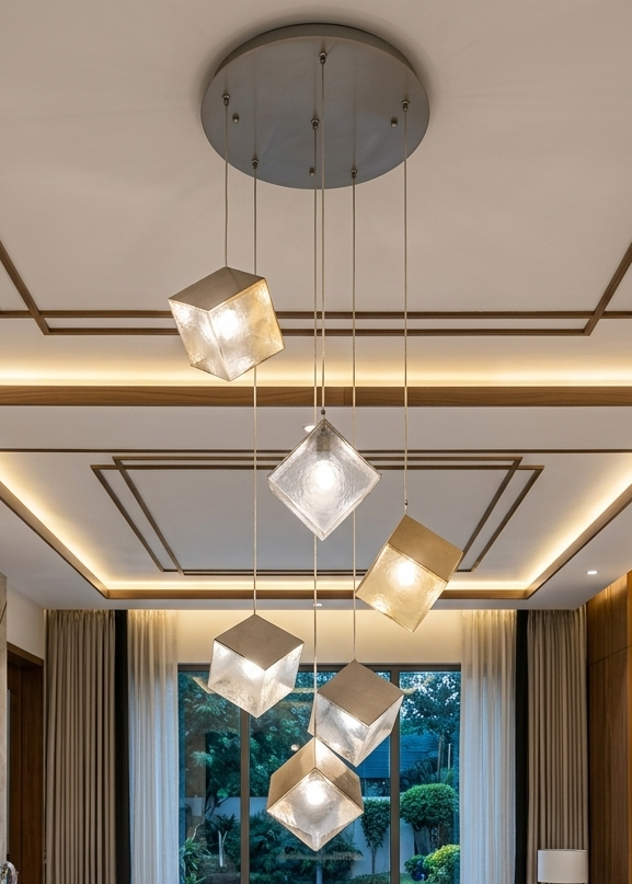 Lustre Suspendu Moderne à 6 Cubes en Verre Cristallin Doré