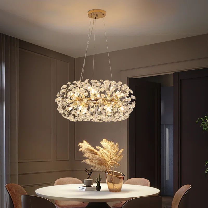 Lustre Rond en Cristal Design Floral Doré