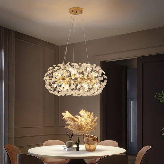 Lustre Rond en Cristal Design Floral Doré