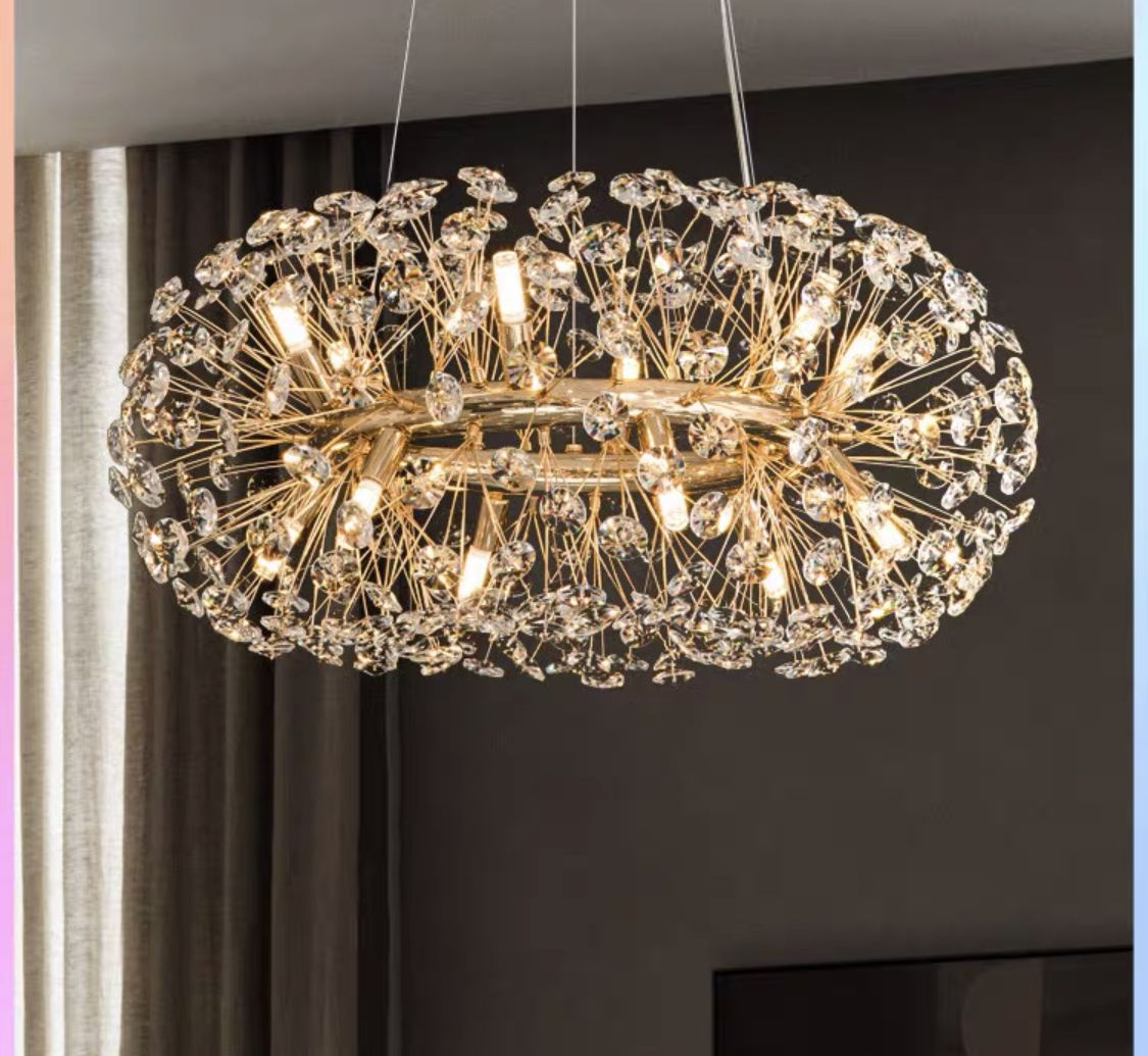 Lustre Rond en Cristal Design Floral Doré