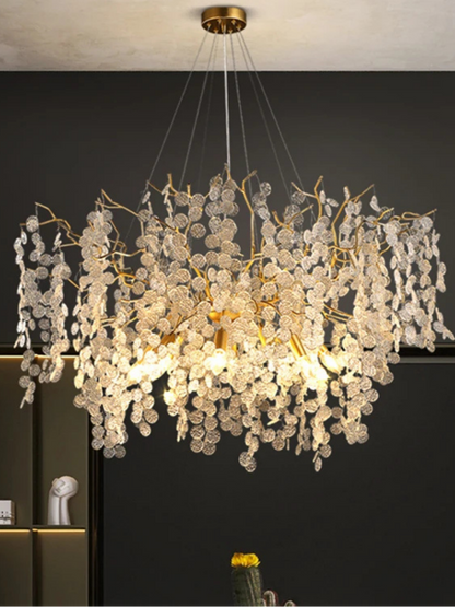 Lustre Feuillage Cristal & Doré – Élégance Naturelle