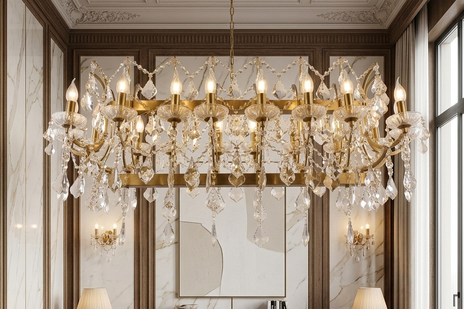 Lustre Rectangulaire en Cristal de Luxe – Finition Doré