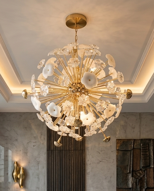 Lustre Sphérique Floral en Cristal et Finition Dorée