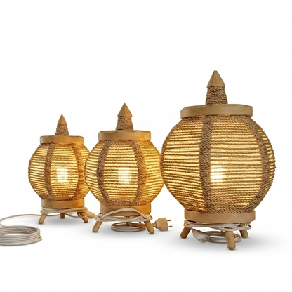 Lampe de table en corde tressée et bois naturel – Style lanterne Petite taille et grande taille