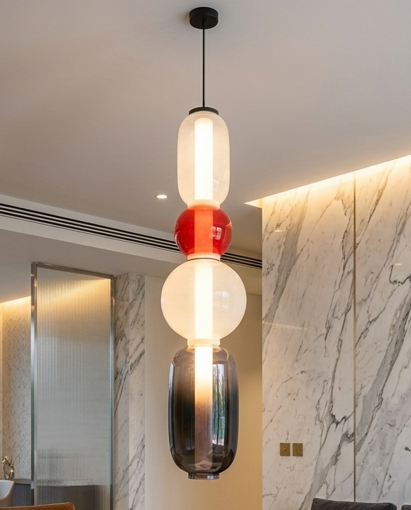 Suspension Moderne 4 Globes Verre Coloré