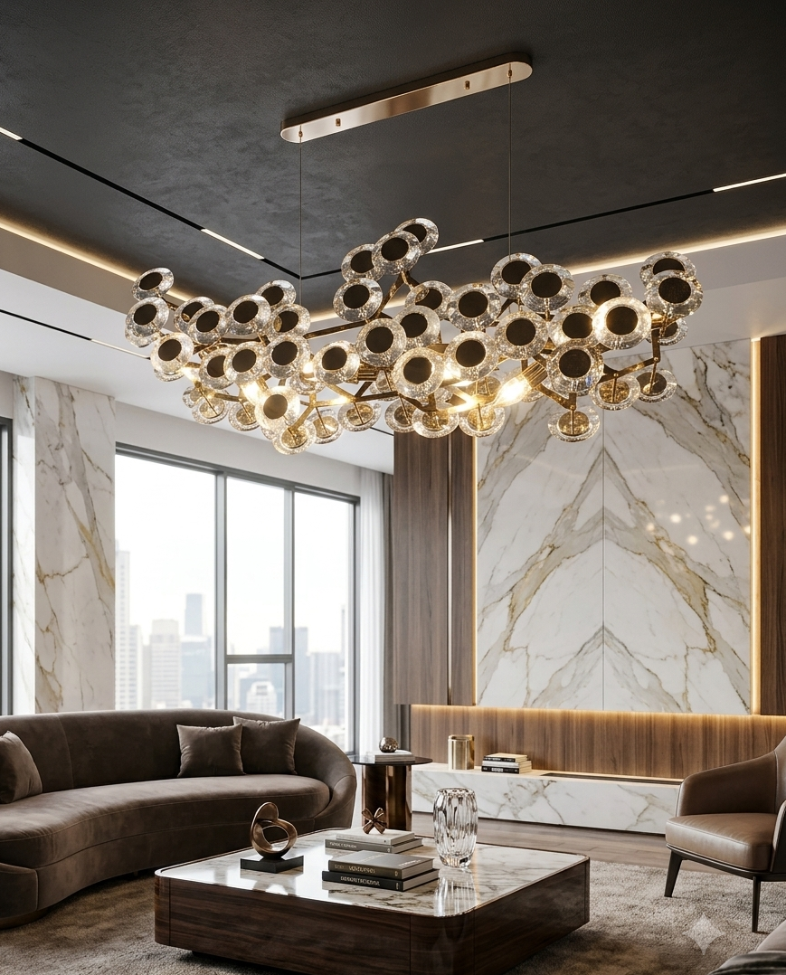Lustre LED Artistique en Cristal Doré – Design Organique