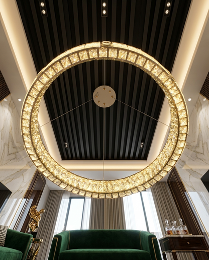 Lustre LED Rond en Cristal Premium – Anneau Élégant Doré