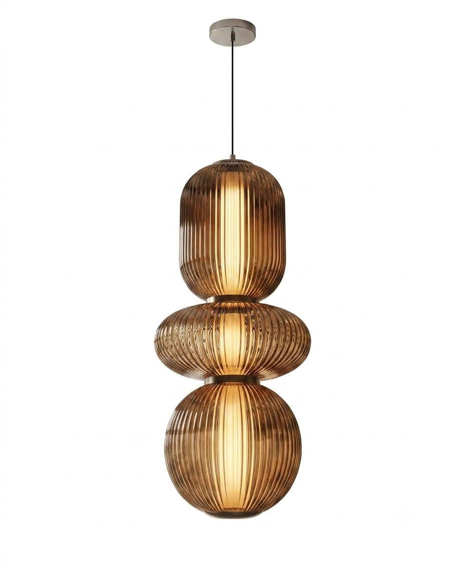 Suspension 3 Globes Cannelés Ambre Doré