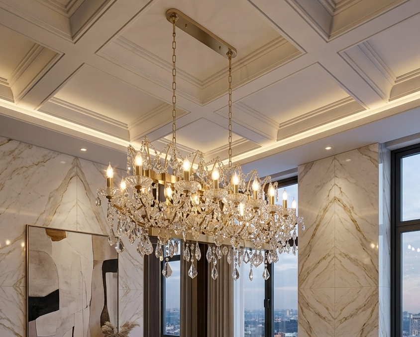 Lustre Rectangulaire en Cristal de Luxe – Finition Doré