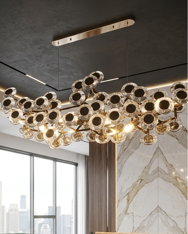 Lustre LED Artistique en Cristal Doré – Design Organique