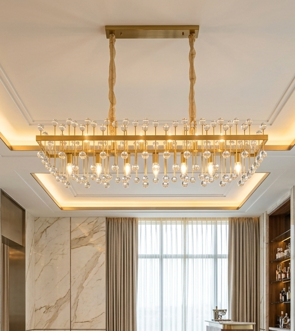Lustre Suspendu Rectangulaire en Cristal Doré – Design Contemporain