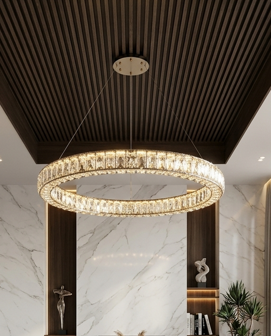 Lustre LED Rond en Cristal Premium – Anneau Élégant Doré