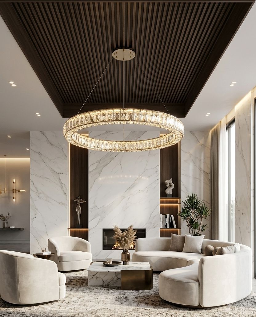 Lustre LED Rond en Cristal Premium – Anneau Élégant Doré