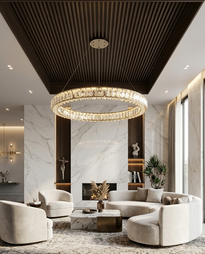 Lustre LED Rond en Cristal Premium – Anneau Élégant Doré