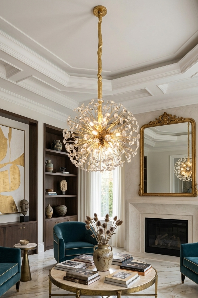 Lustre de Luxe en Cristal Doré – Design Dandelion