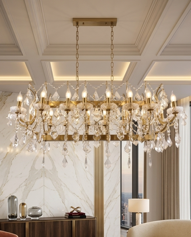 Lustre Rectangulaire en Cristal de Luxe – Finition Doré
