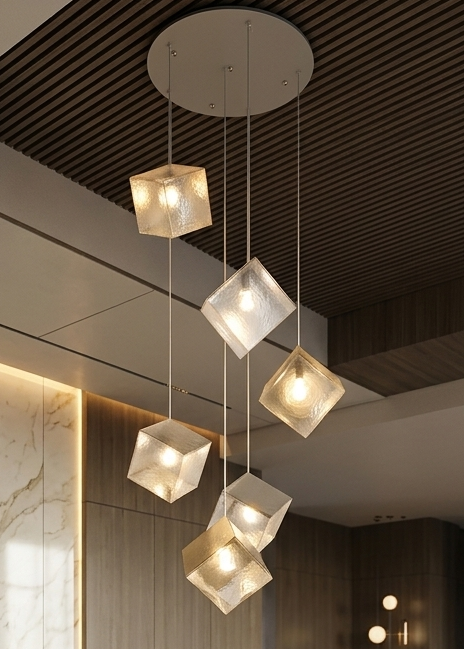 Lustre Suspendu Moderne à 6 Cubes en Verre Cristallin Doré