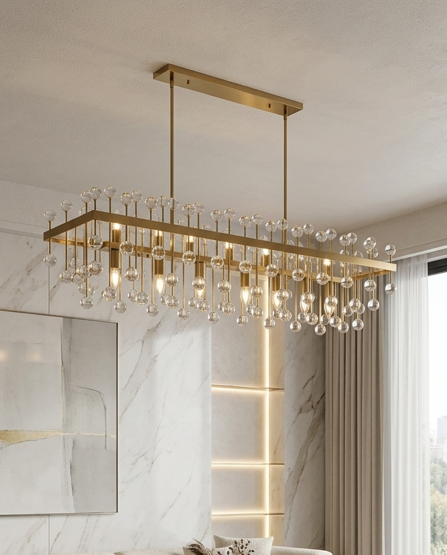 Lustre Suspendu Rectangulaire en Cristal Doré – Design Contemporain