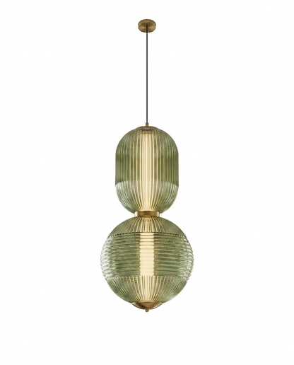 Suspension Double Globe Cannelé Vert Sauge