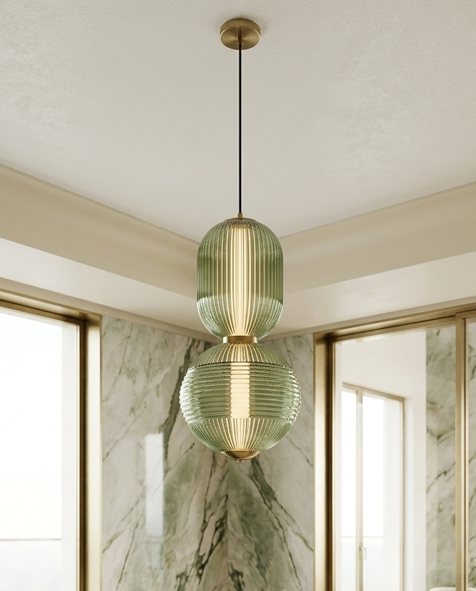Suspension Double Globe Cannelé Vert Sauge