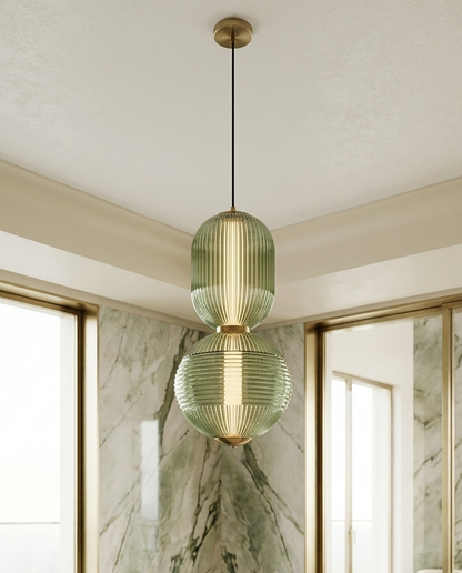 Suspension Double Globe Cannelé Vert Sauge