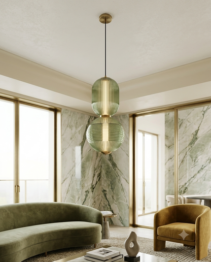 Suspension Double Globe Cannelé Vert Sauge