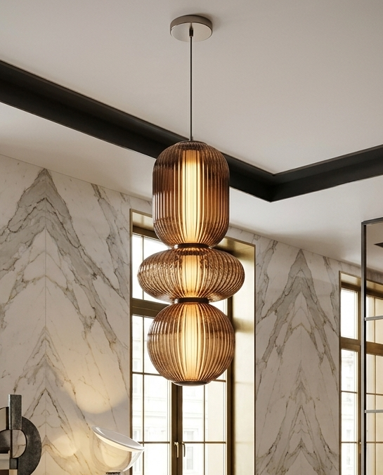 Suspension 3 Globes Cannelés Ambre Doré