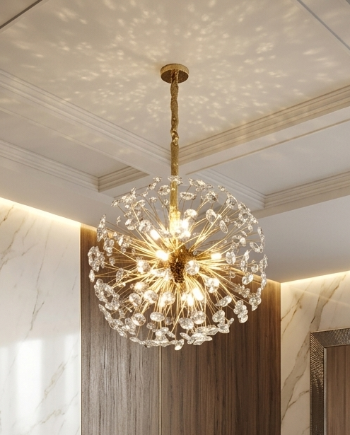 Lustre de Luxe en Cristal Doré – Design Dandelion