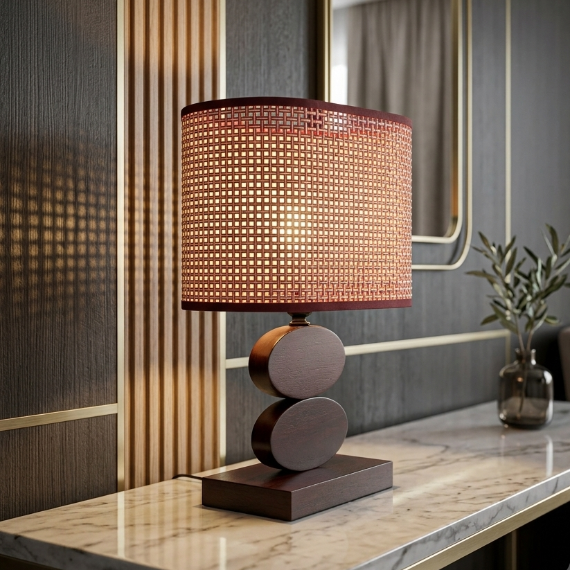 Lampe de table moderne à base géométrique et abat-jour en tissu décoratif