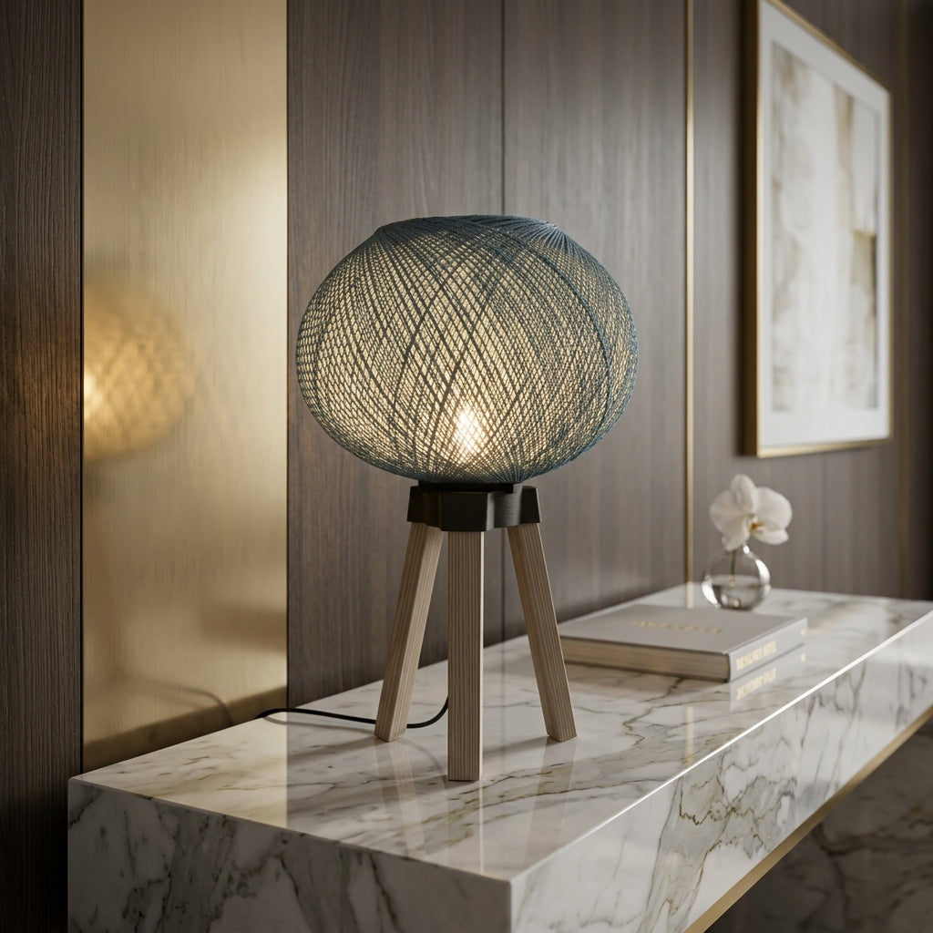 Lampe de table tripode à abat-jour en fil tressé