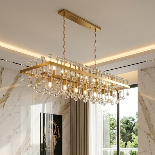 Lustre Suspendu Rectangulaire en Cristal Doré – Design Contemporain