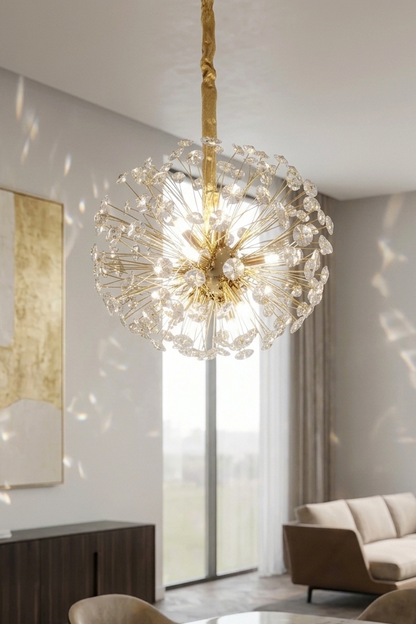 Lustre de Luxe en Cristal Doré – Design Dandelion