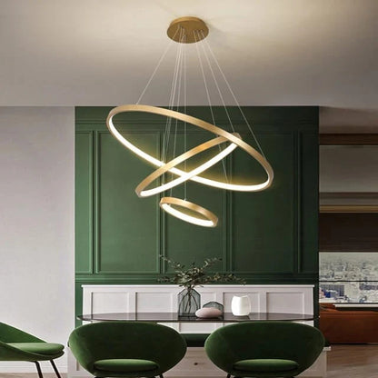 Lustre moderne LED design anneaux dorés
