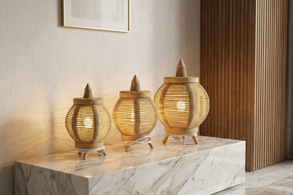 Lampe de table en corde tressée et bois naturel – Style lanterne Petite taille et grande taille