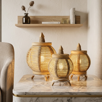 Lampe de table en corde tressée et bois naturel – Style lanterne Petite taille et grande taille