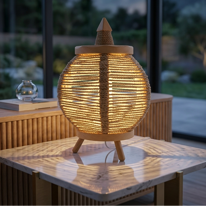 Lampe de table en corde tressée et bois naturel – Style lanterne Petite taille et grande taille