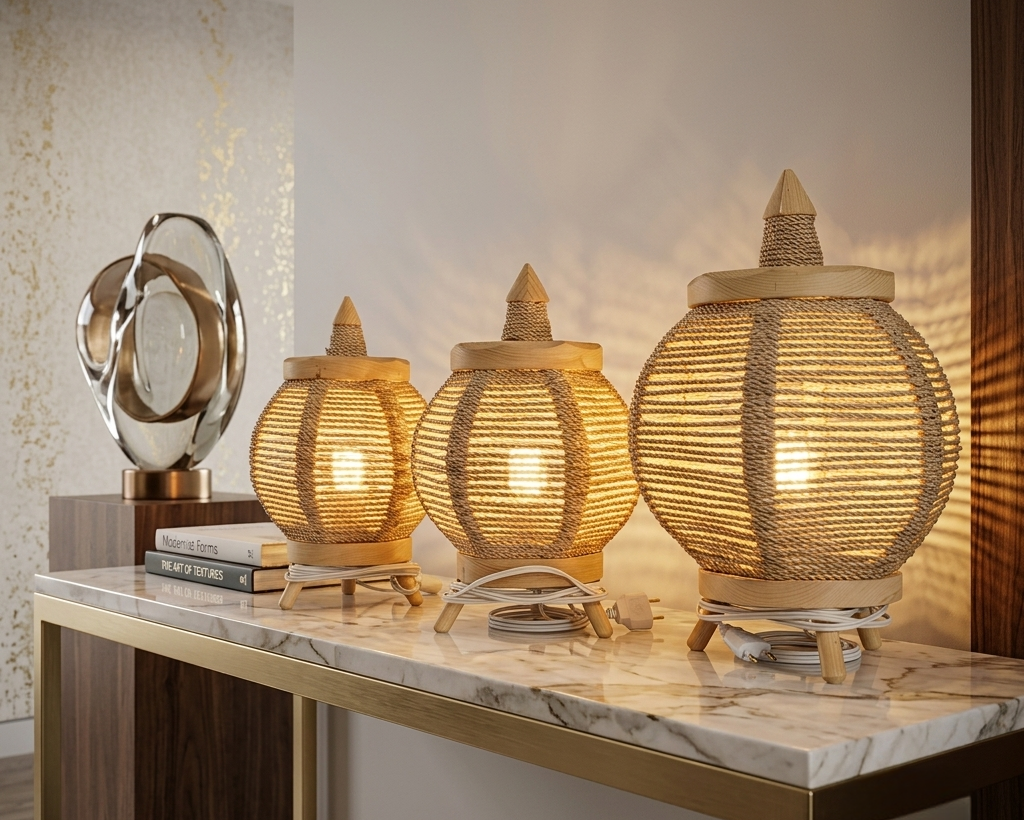 Lampe de table en corde tressée et bois naturel – Style lanterne Petite taille et grande taille