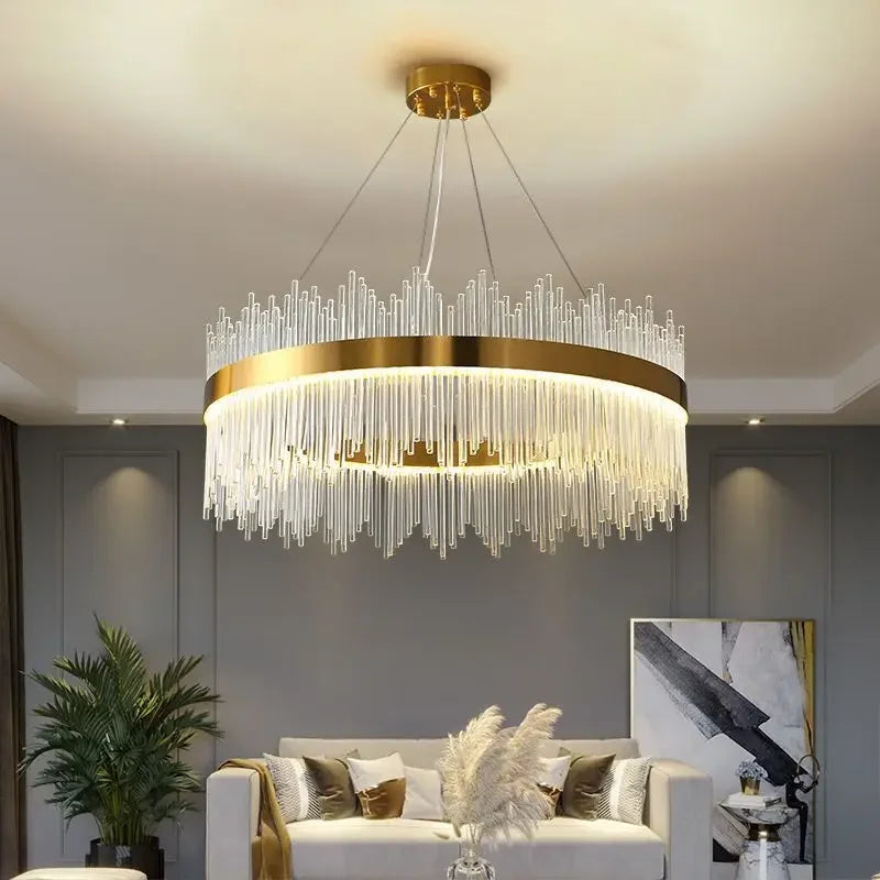 Lustre moderne cercle doré avec pampilles en cristal